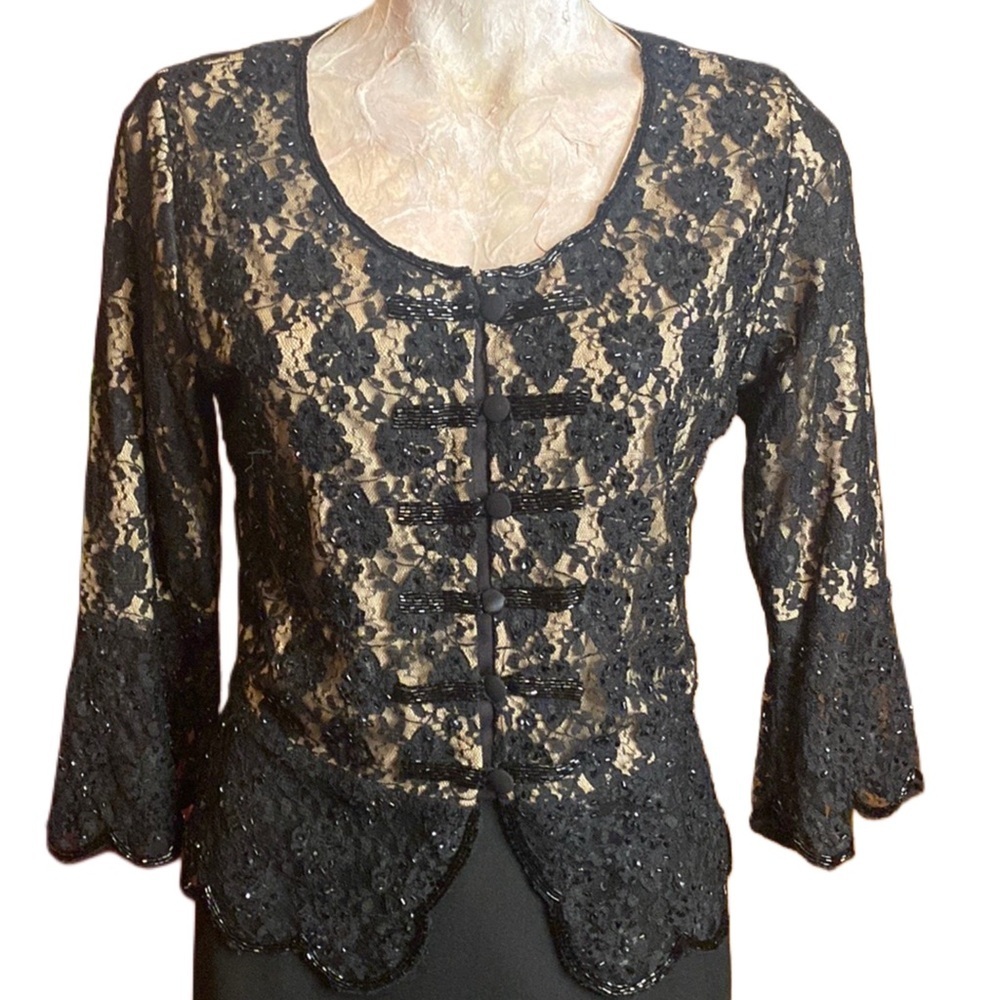 VTG Marina black on nude sparkle beaded lace cardigan bell sleeve size L